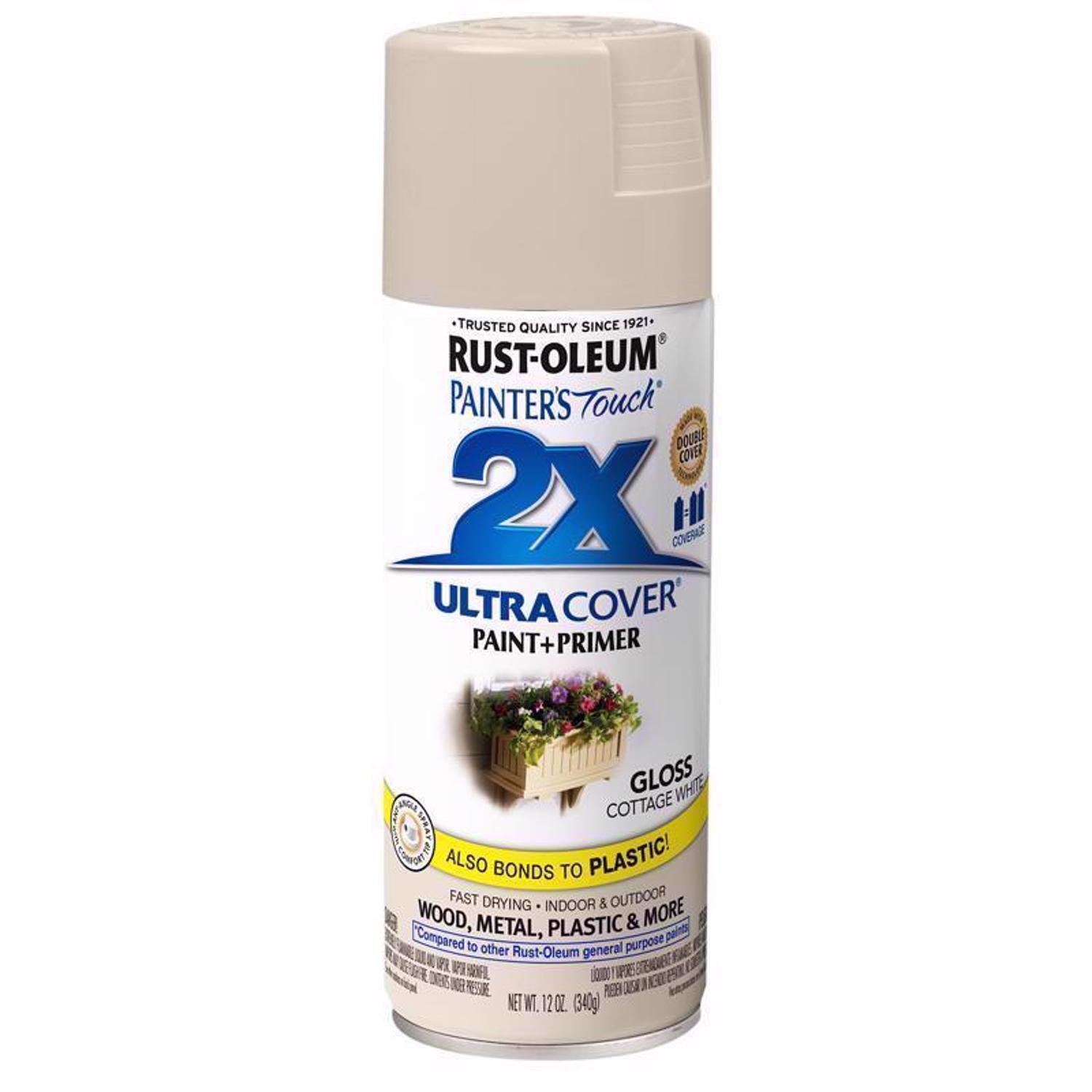 Rust-Oleum Painter\u0027s Touch Gloss Cottage White Paint+Primer Spray Paint 12 oz - Intensery