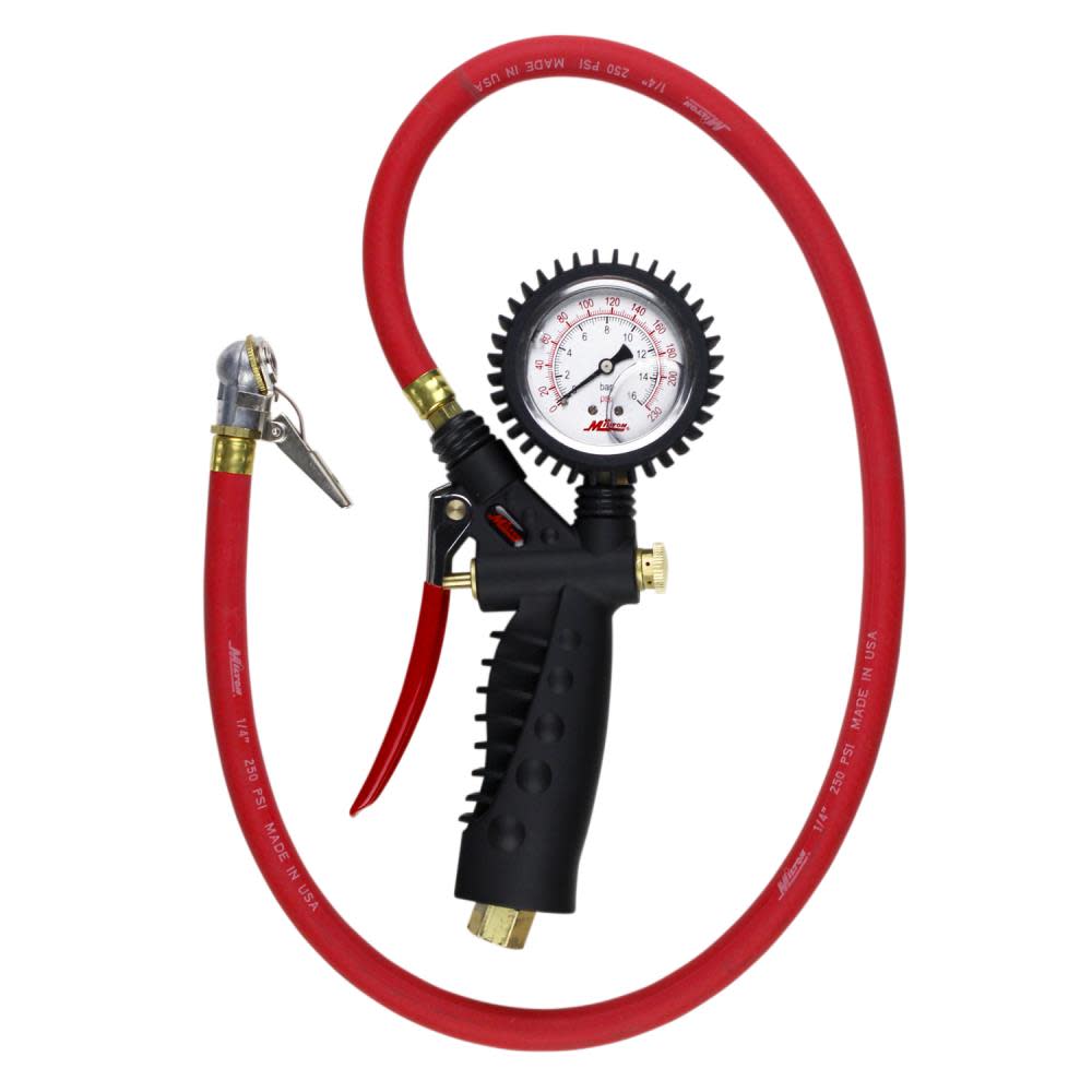 Milton® 573A Pro Analog Pistol Grip Inflator Gauge36 Hose and Ball Chuck w/Clip230 PSI - Intensery