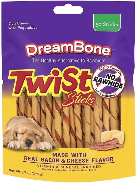 DreamBone Twist Sticks Bacon and Cheese Chews Dog Treats， 50 count - Intensery