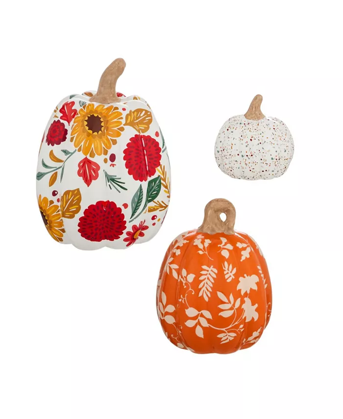 Evergreen Set of 3 Printed Ceramic Pumpkins， Autumn Blooms - Intensery
