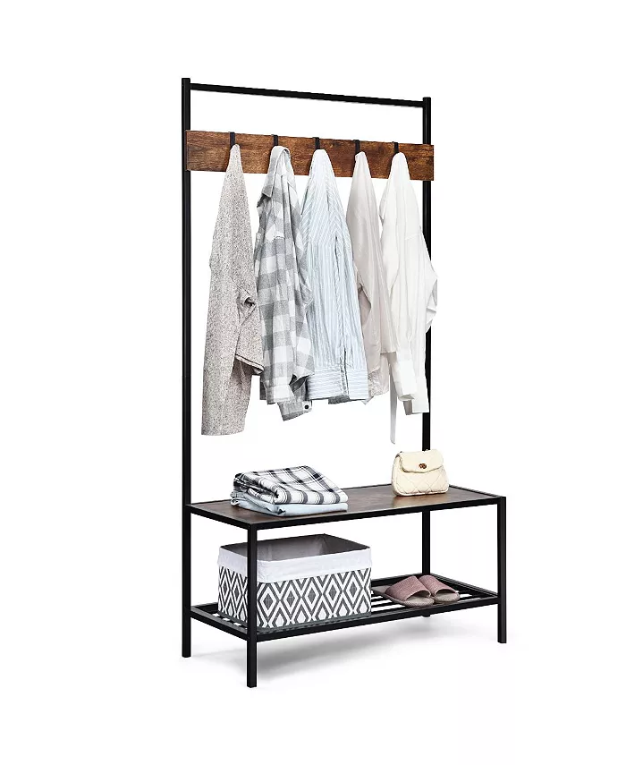 Costway 3 in 1 Industrial Coat Rack Shoe Bench Hall Tree Entryway Storage Shelf w  Hooks - Intensery