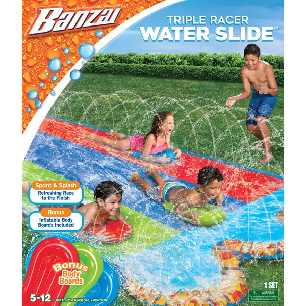 Banzai 16ft Long Triple Racer Water Slide with 3 Body Boards - Intensery