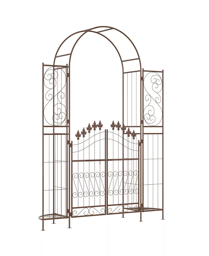 Outsunny 7' Metal Garden Arbor， Garden Arch with Gate， Fleur De Lis Motif， Latching Doors， Planter Shelves for Climbing Vines， Ceremony， Weddings， Par - Intensery