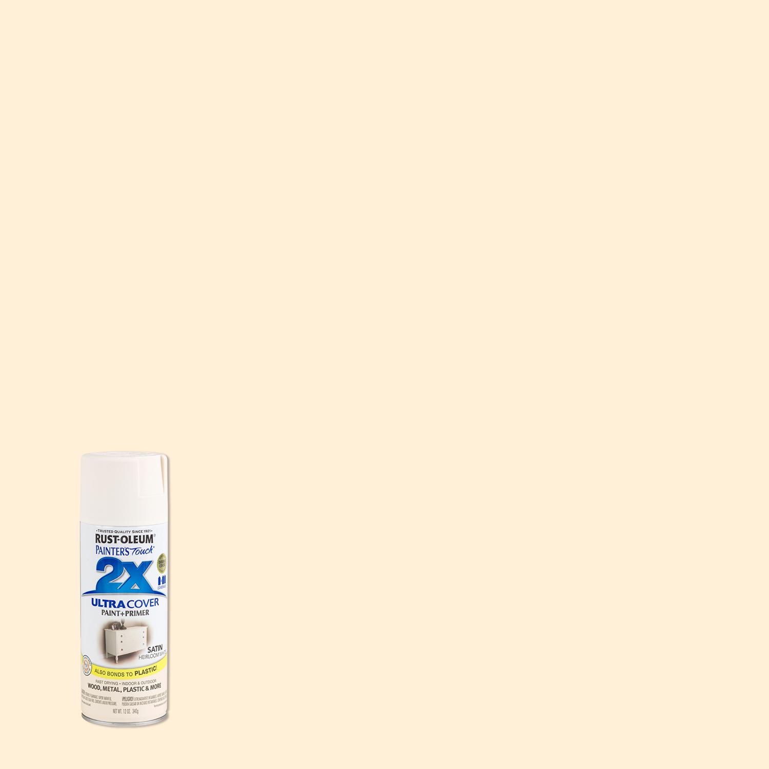 Rust-Oleum Painter\u0027s Touch 2X Ultra Cover Satin Heirloom White Paint+Primer Spray Paint 12 oz - Intensery