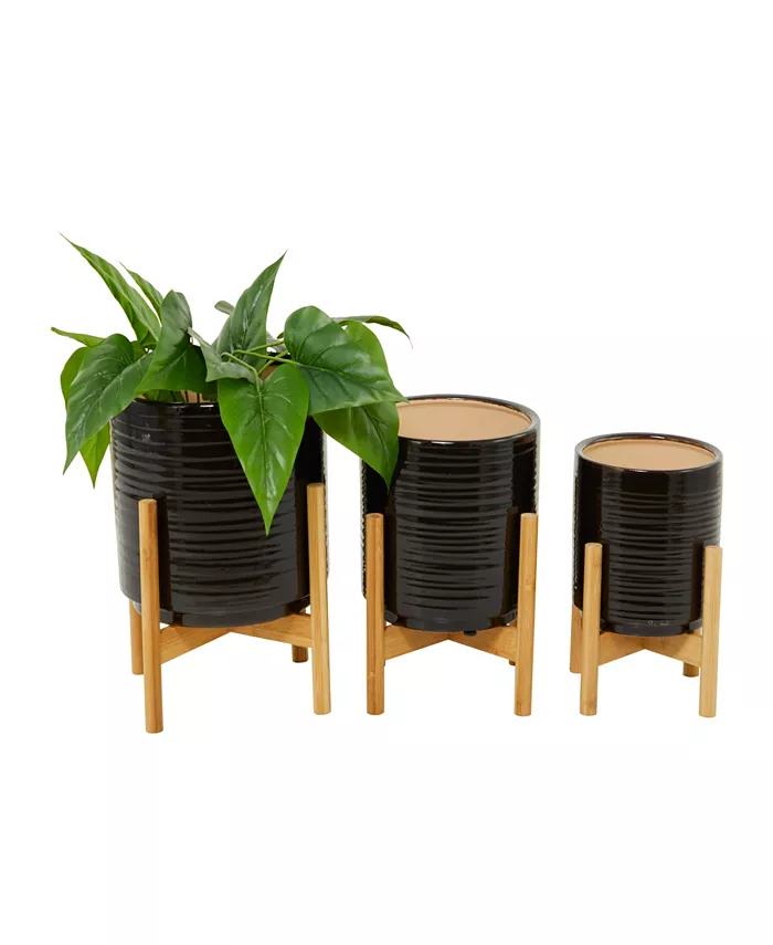 Novogratz Collection Ceramic Planter with Removable Wood Stand Set of 3 - Intensery