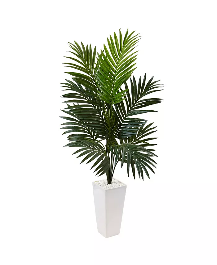 Nearly Natural 4.5' Kentia Palm Artificial Tree in White Tower Planter - Intensery