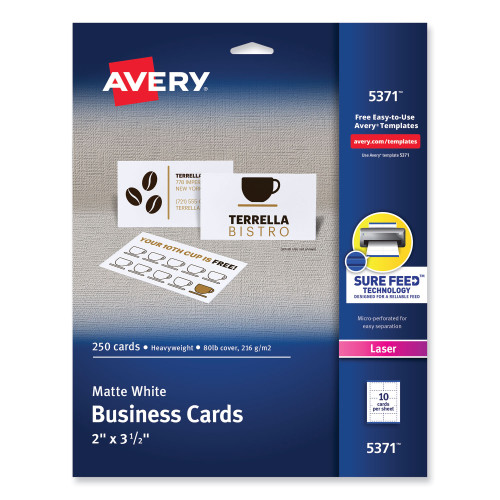 Avery Printable Microperforated Business Cards w/Sure Feed Technology， Laser， 2 x 3.5， White， 250 Cards， 10/Sheet， 25 Sheets/Pack (5371) - Intensery
