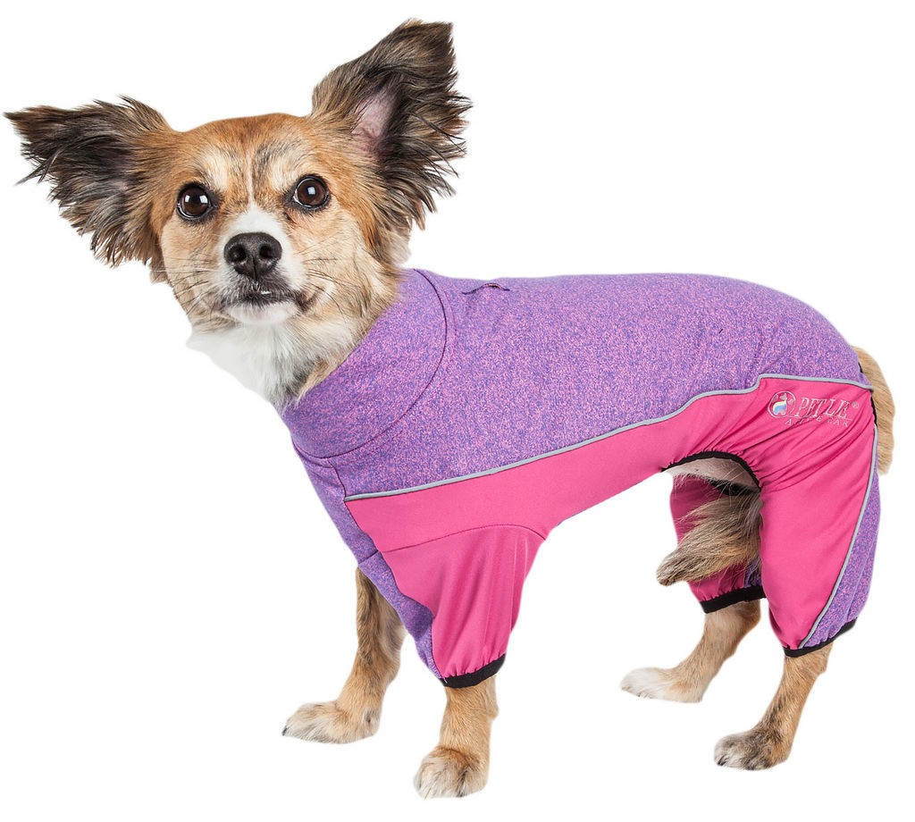 Pet Life Active 'Chase Pacer' Heathered Performance 4-Way Stretch Two-Toned Full Body Warm Up in Pink And Purple (X-small) - Pet Life YGHL6PKXS - Intensery