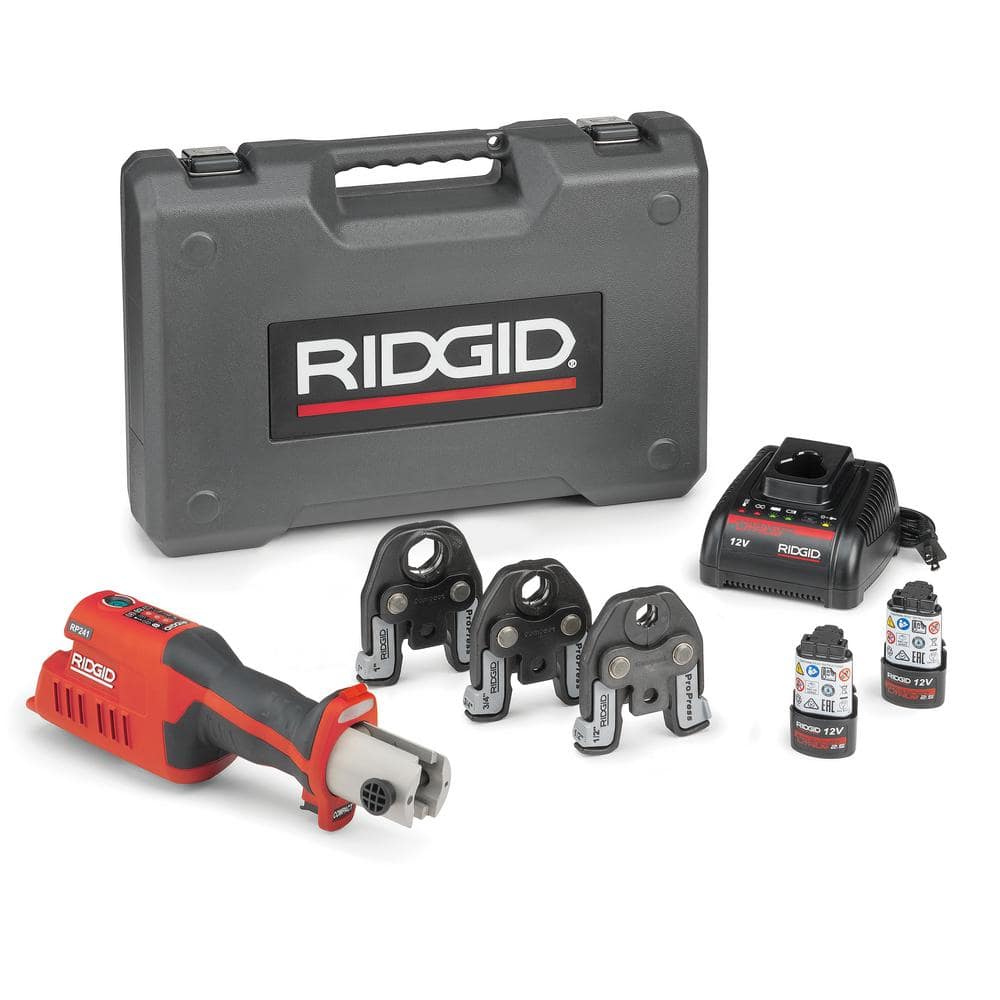 RIDGID RP 241 Compact Inline Press Tool Kit Includes 3 ProPress Jaws (1/2 in., 3/4 in., 1 in.), 2-12V Batteries, Charger + Case 57373 - Intensery