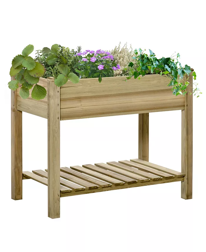 Outsunny Raised Garden Bed Wooden Planter Box with Legs and Storage Shelf - Intensery