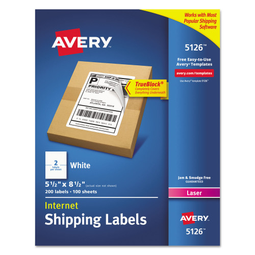 Avery Shipping Labels w/ TrueBlock Technology， Laser Printers， 5.5 x 8.5， White， 2/Sheet， 100 Sheets/Box (5126) - Intensery