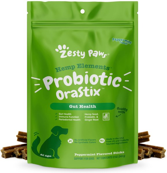 Zesty Paws Hemp Elements Probiotic OraStix Peppermint Flavored Dog Dental Chews - Intensery
