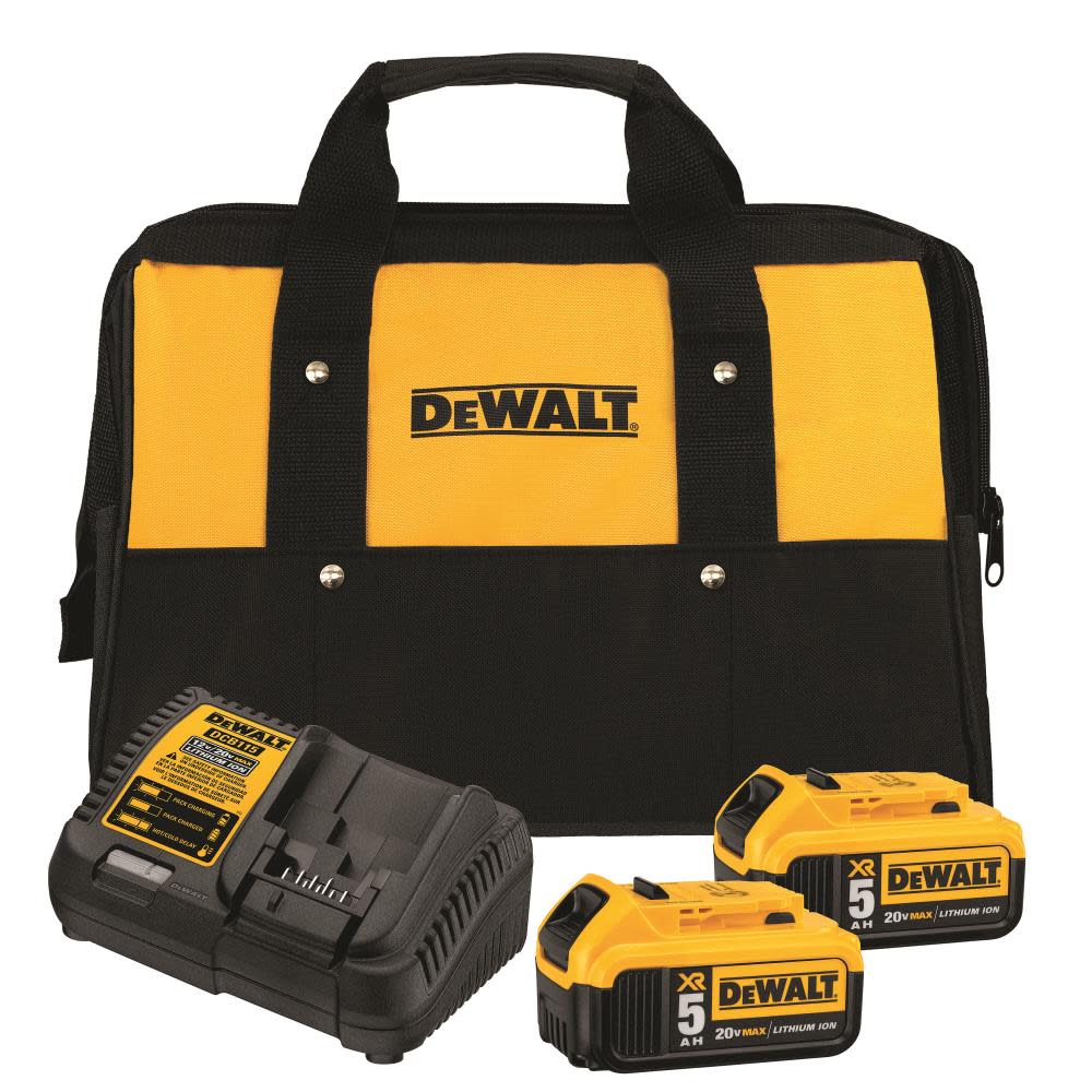 DEWALT 20V MAX XR Starter Kit 5.0Ah Battery 2 Pack with Charger and Bag DCB205-2CK from DEWALT - Intensery
