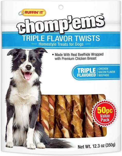 RUFFIN' IT Chomp'ems Triple Flavor Twists Chicken， Bacon and Beefhide Dog Treats， 50 count - Intensery