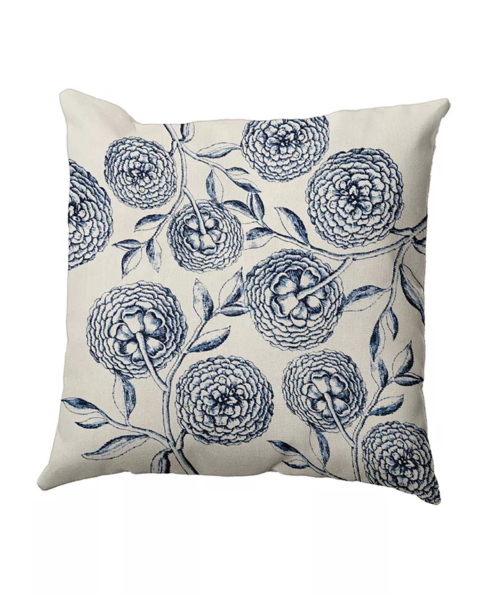 E by Design Antique Flowers 16 Inch Navy Blue and Blue Decorative Floral Throw Pillow - Intensery
