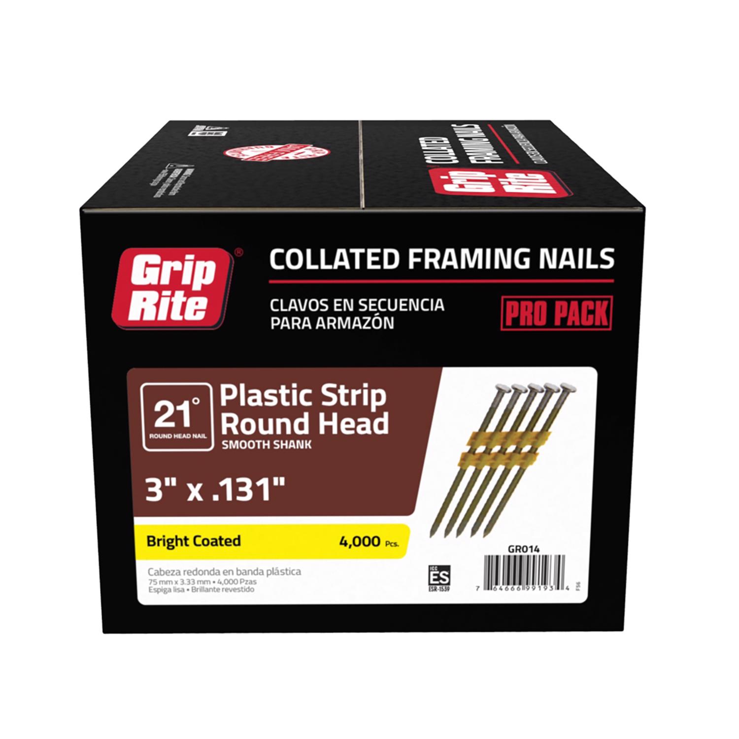 Grip-Rite 3 in. 10 Ga. Angled Strip Bright Framing Nails 21 deg 4000 pk - Intensery