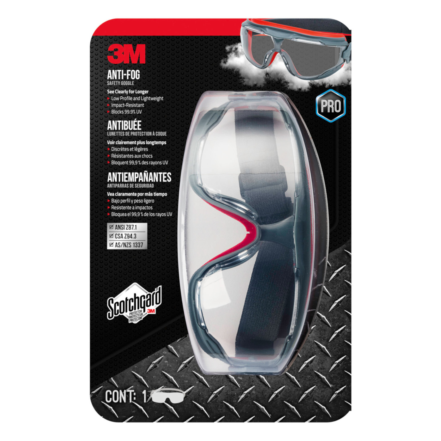 3M Scotchgard Anti-Fog Modern/Sleek Safety Goggles Clear Lens Gray/Red Frame 1 pc - Intensery