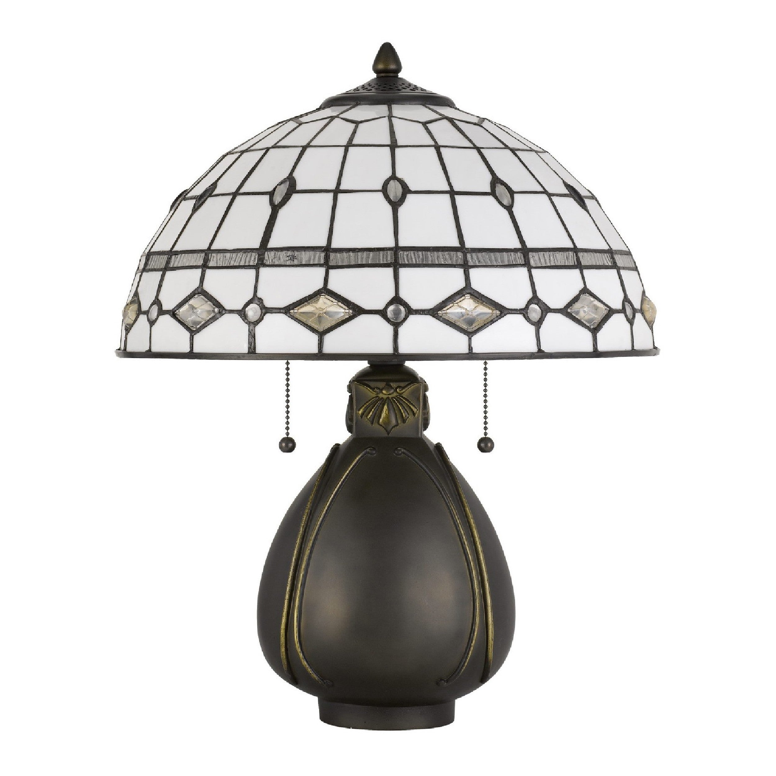 20 Inch Table Lamp with Tiffany Glass， Grey， Antique Brass - Intensery